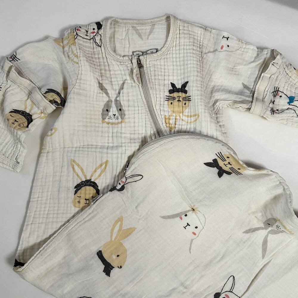 Gender Neutral Bunny Zip Up Linen Sleep Sack w/ Snap Off Sleeves Sz 105cm